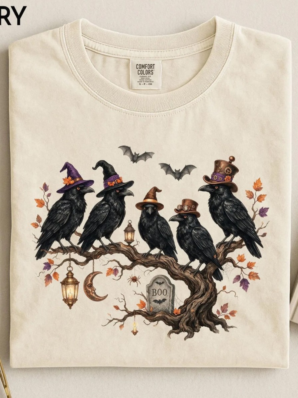 Comfort Colors Ivory Halloween Raven Tee with Witch Hats